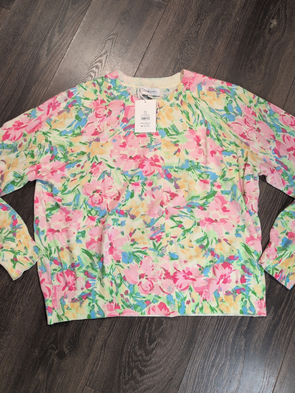 Free Assembly Women's XXL Pink Multicolor Floral Crew Neck Button Knit Cardigan